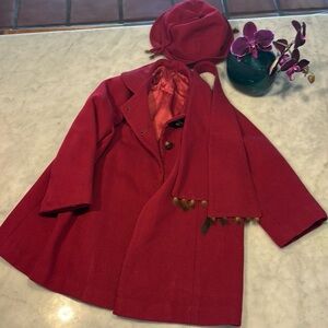 Elegant 1950s Red Wool Swing Coat with Scarf and Hat